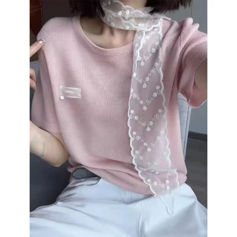8212夏季百搭圆领显瘦简约百搭T恤女韩系甜美蕾丝丝巾搭配短袖T恤