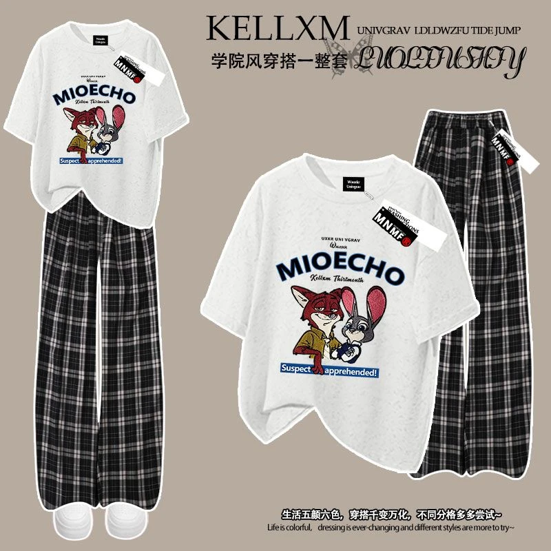 疯狂动物城印花夏季新款男女童扎染短袖t恤格子裤套装中大童休闲
