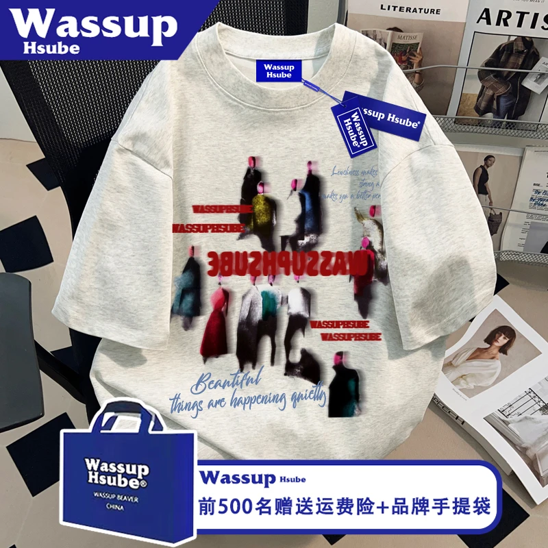 WASSUP HSUBE国潮抽象人影印花纯棉短袖男女T恤ins夏白色宽松上衣
