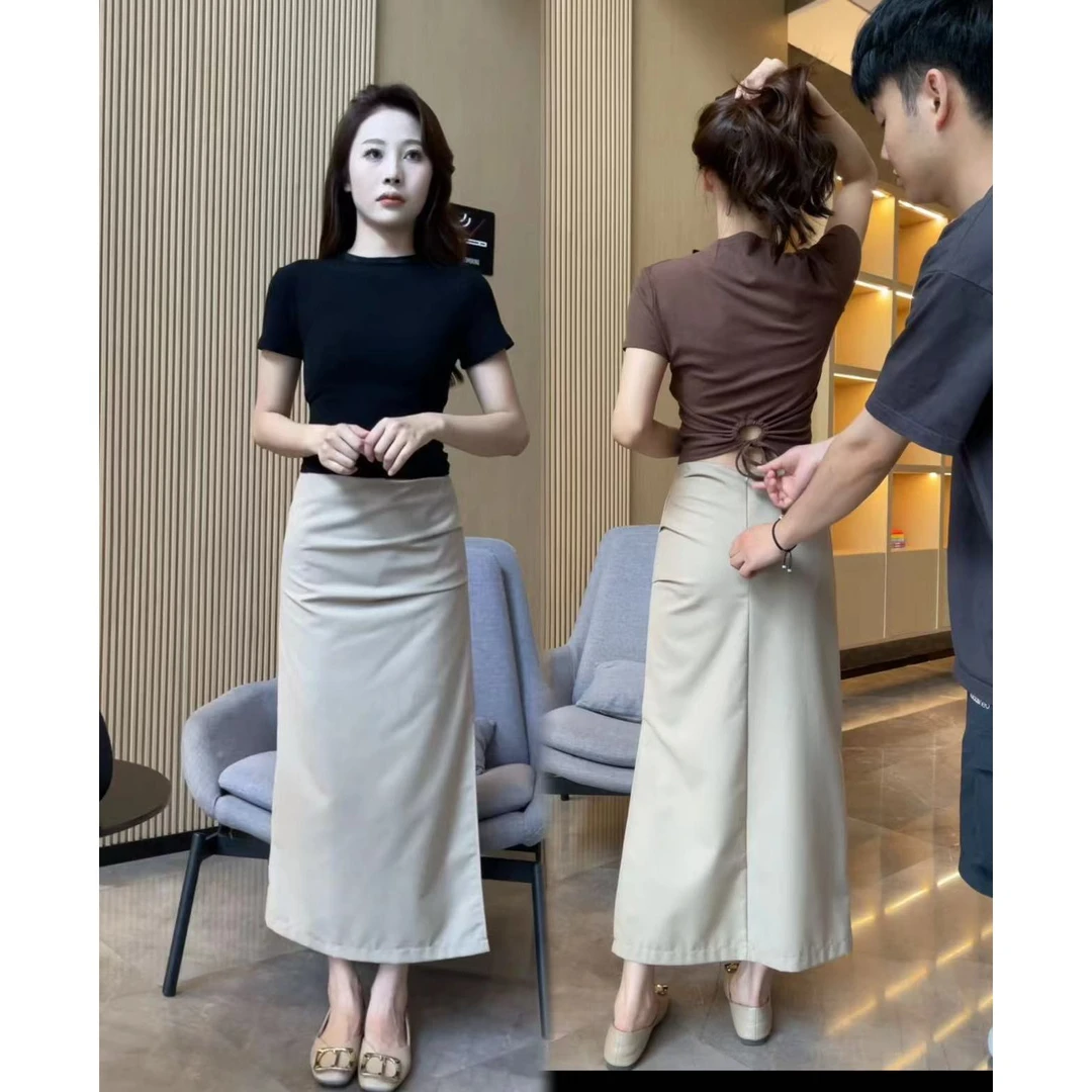 【梦婷家】2024夏季设计裙气质纯色都市风开叉修身包臀半身裙-0301