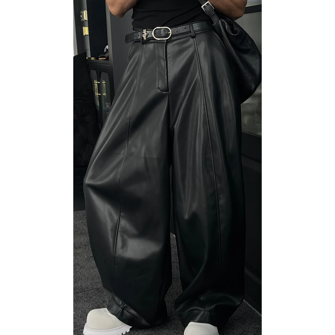 龙叨叨秋冬新品时尚设计感复古弯刀皮裤宽松潮牌痞帅百搭长裤男