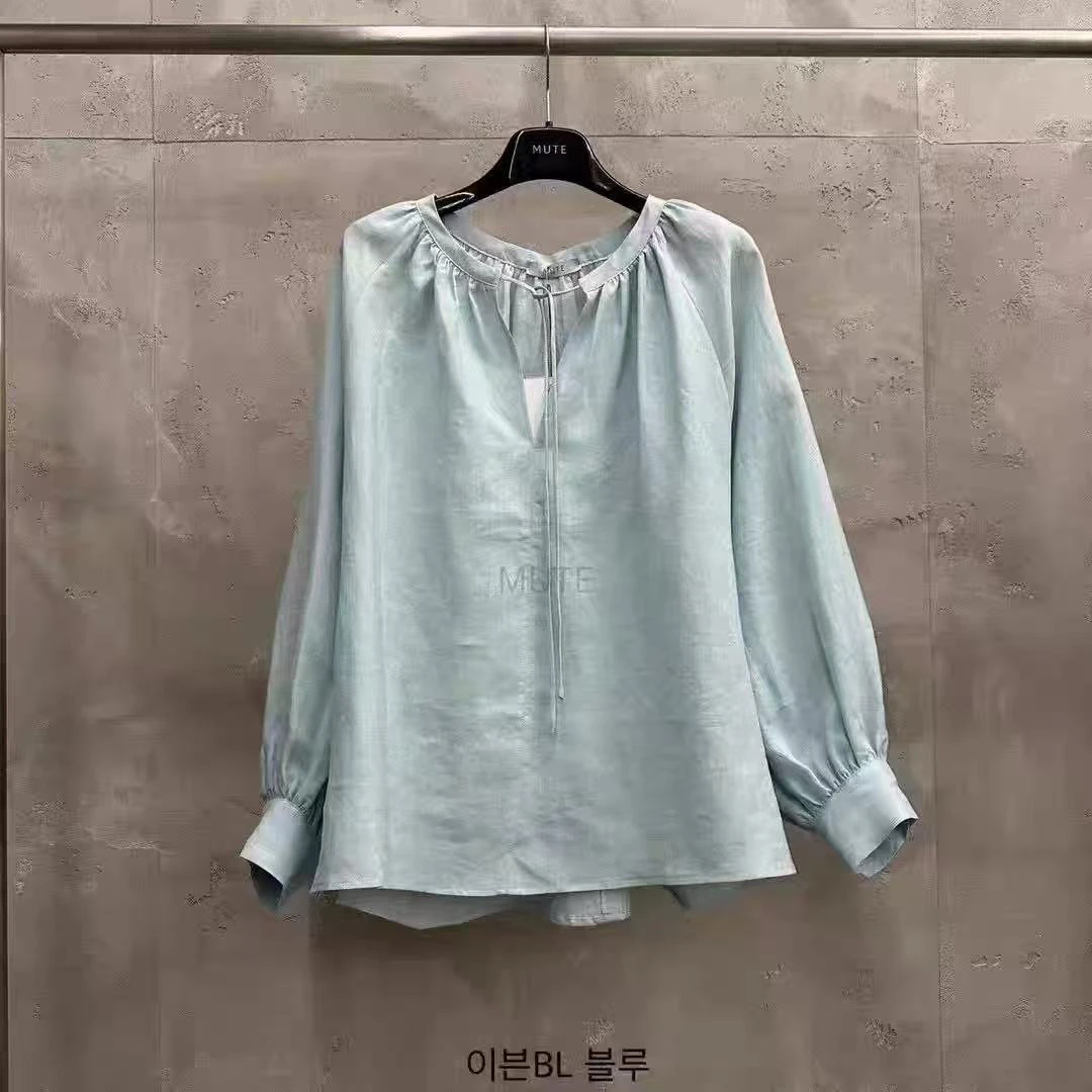 现韩国东大门mute 2025夏新系带减龄宽松百搭亚麻长袖衬衫