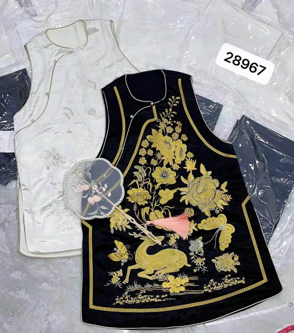 28067#夏季新中式女刺绣时尚潮流气质百搭复古坎袖上衣