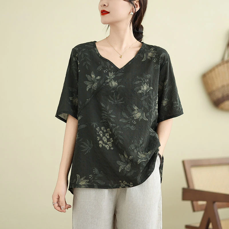 棉麻新中式大码女装夏季薄款复古民族风百搭宽松领短袖恤印花衫