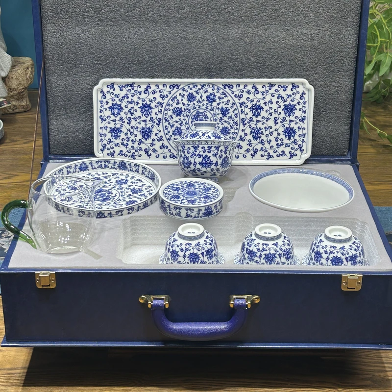 景德镇陶瓷青花瓷青花缠枝莲9件茶具套装缠枝家用中式高端茶器