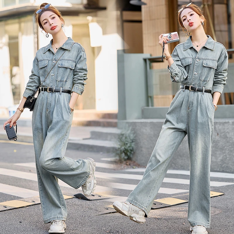 显瘦韩版高腰牛仔复古连体裤2025小个子时尚薄款设计感阔腿裤宽松