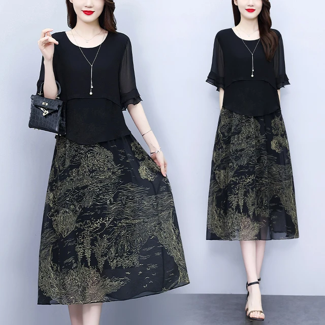 大码女装2025夏季新款假两件连衣裙子宽松胖mm遮肚显瘦中长裙洋气