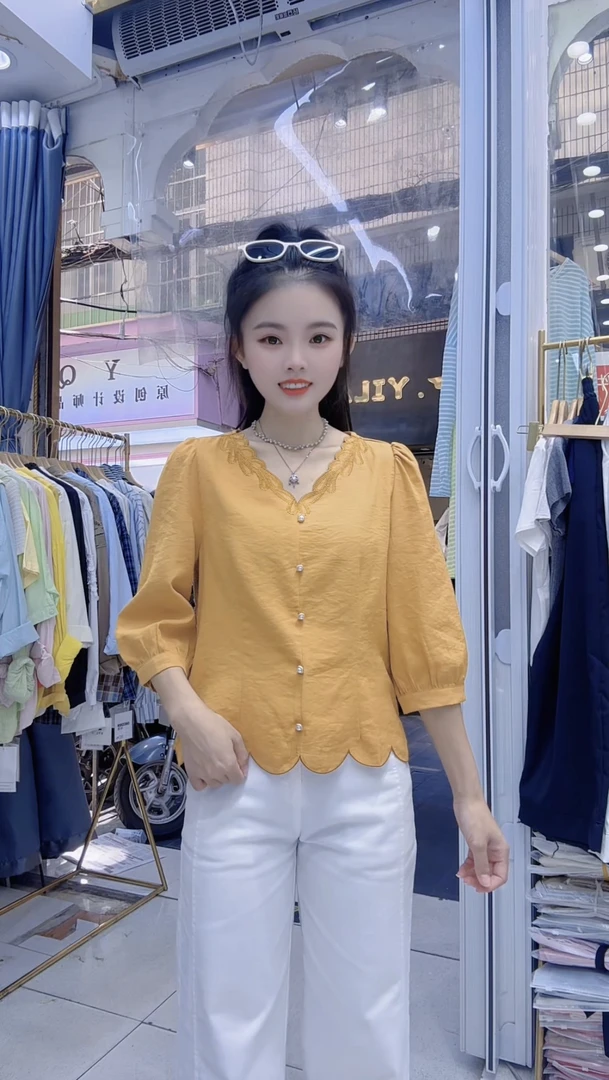 《盈盈家》早秋新款七分袖设计感刺绣花边洋气百搭衬衫