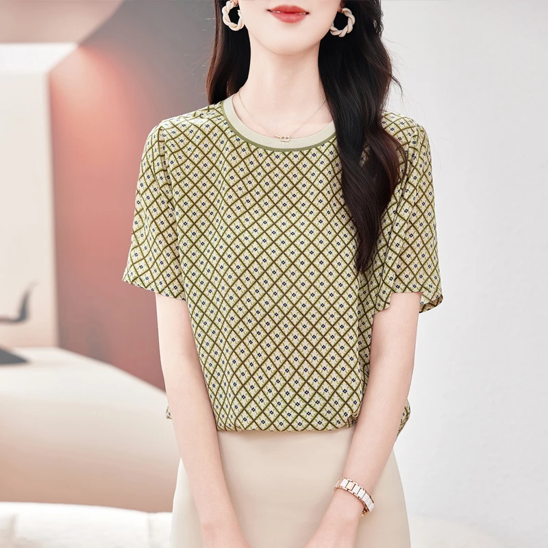 高级感洋气双绉真丝上衣女短袖2025年夏季新款时尚大牌桑蚕丝T恤