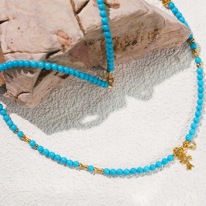 18k金绿松石“未至”十字滴溜时尚新中式项链