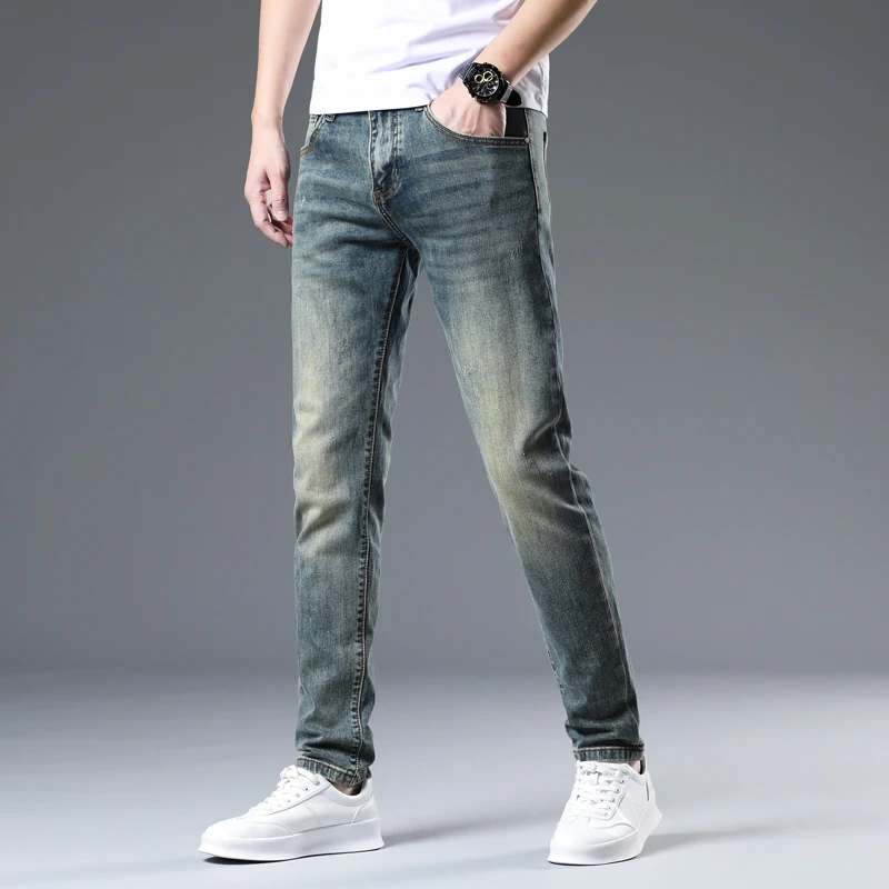 新款高端欧货修身小脚弹力复古蓝色潮流韩版男士爆款时尚牛仔裤