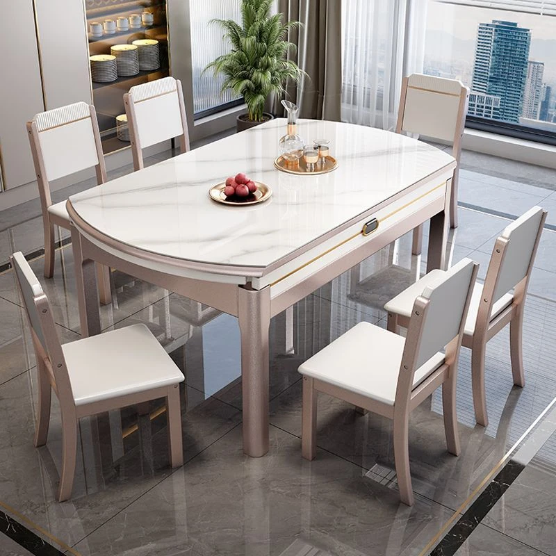 2025款岩板餐桌椅组合简约现代家用小户型橡胶木伸缩圆桌实木饭桌