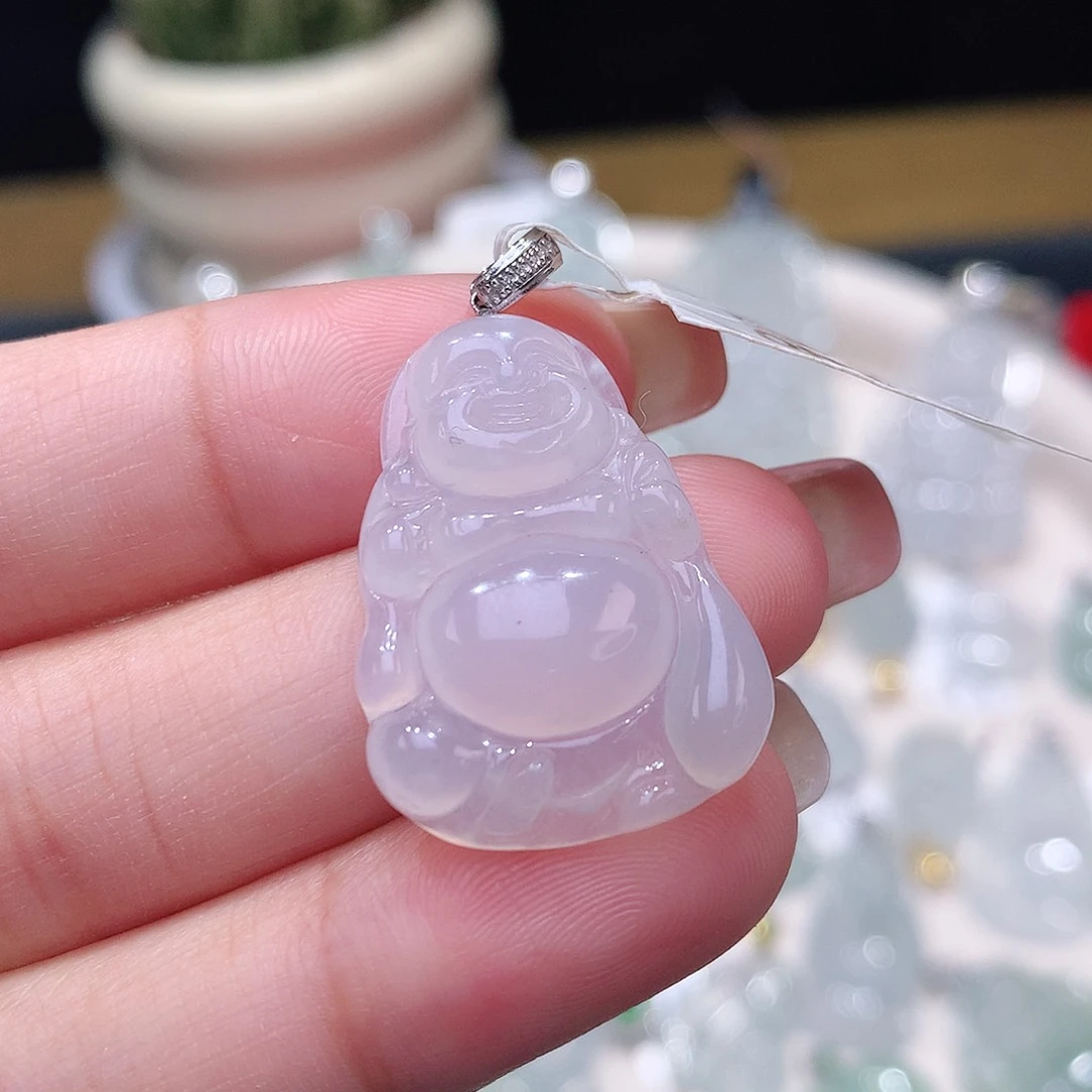 颈饰18K金镶嵌翡翠布袋佛