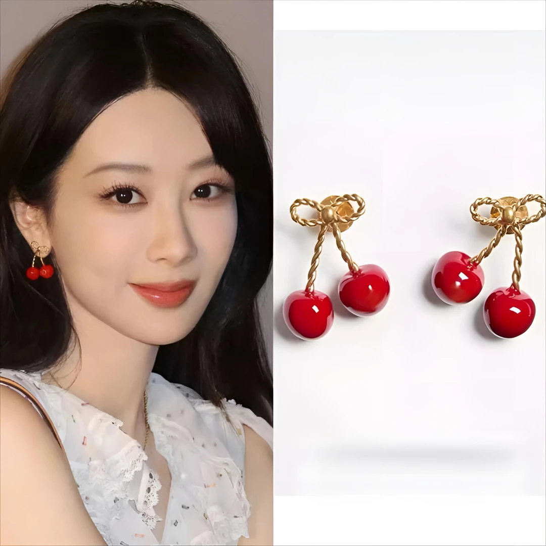 合金耳饰 甜美风蝴蝶结樱桃车厘子耳钉女小众高级感百搭时尚