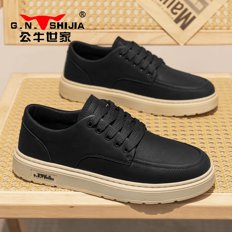 公牛世家男鞋黑色舒适商务休闲男款透气低帮软底耐磨增高工装板鞋