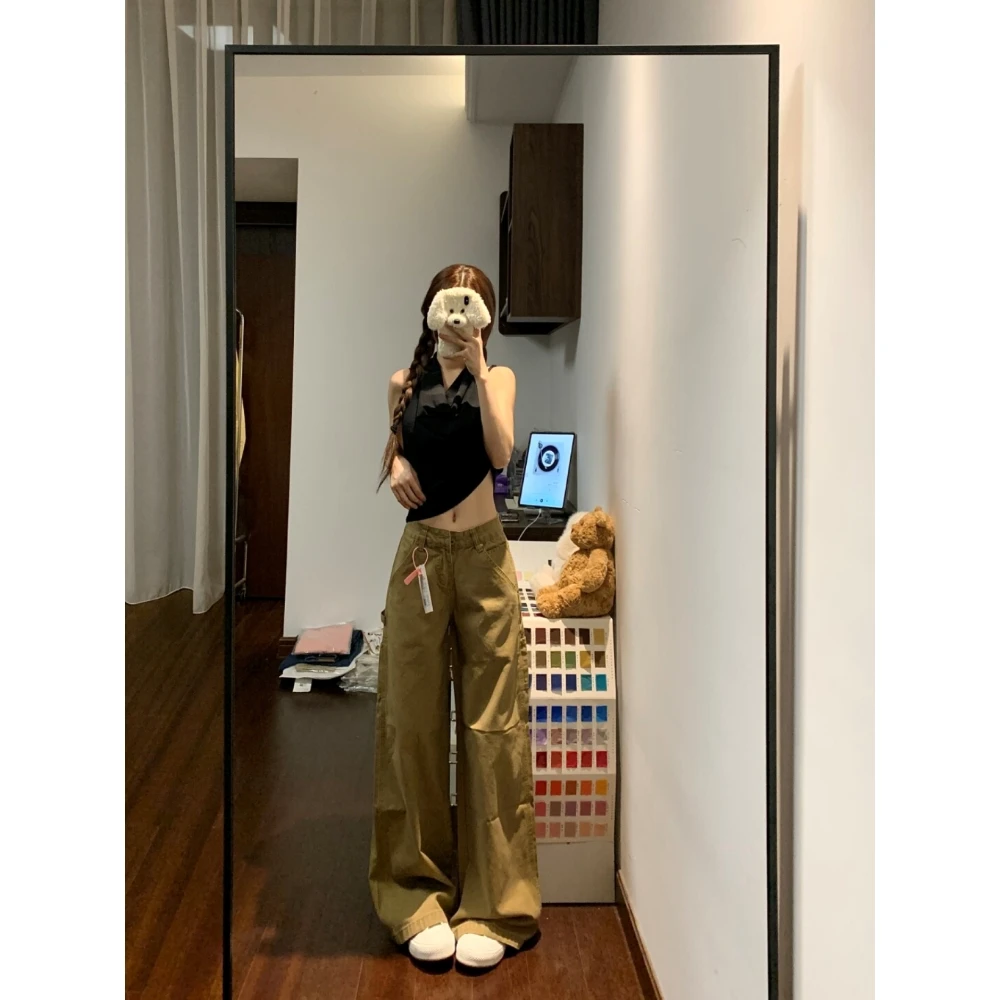 美式复古水洗做旧阔腿拖地裤女2025夏季高腰显瘦卡其色工装牛仔裤