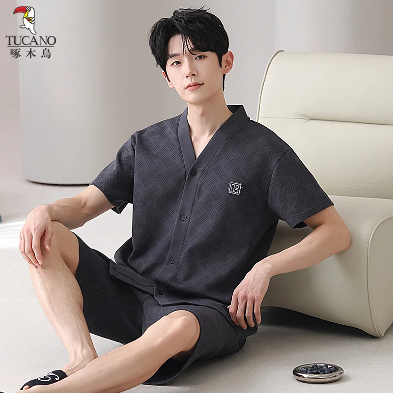 2啄木鸟短裤睡衣V领短袖家居服青年夏季男士夏天宽松家居服套装