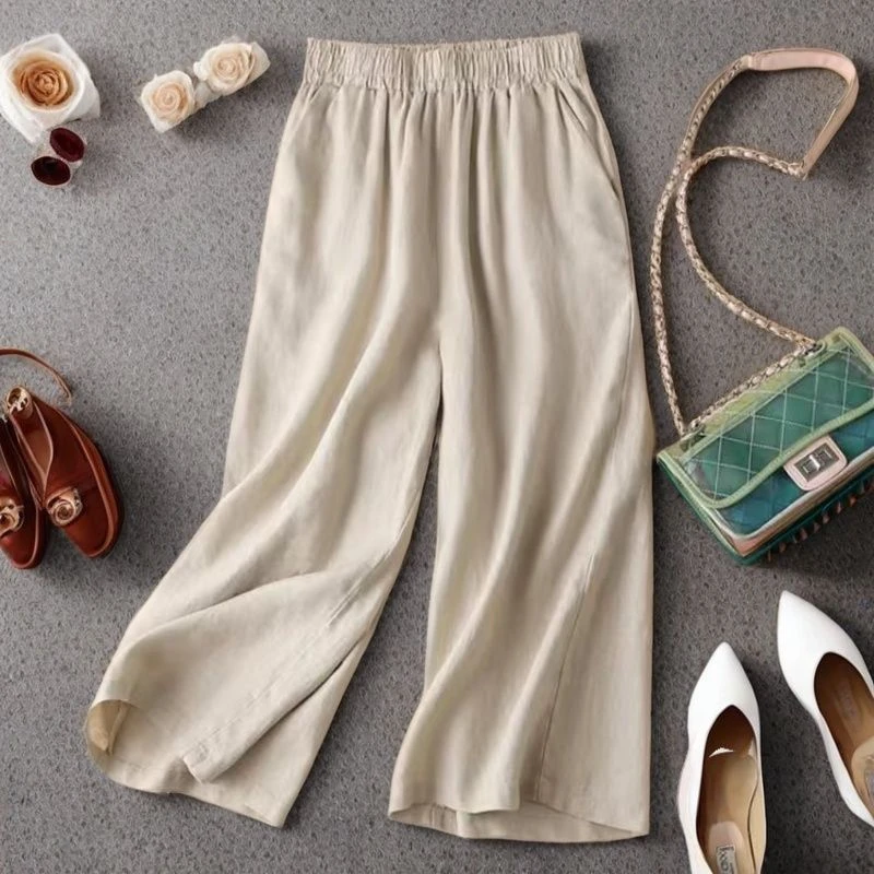 棉阔腿裤裤子女2025夏季新款棉麻大码高腰宽松九分裤女休闲直筒裤