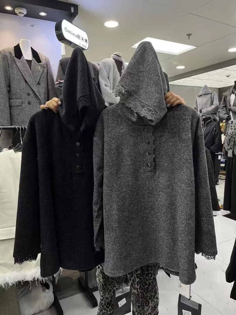 连帽极简风森系钩花休闲风毛衣带帽女款运动黑色女装半拉链