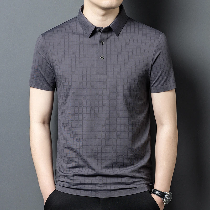 夏季男士新品锦氨冰丝棋盘格商务休闲纯色百搭透气polo衫