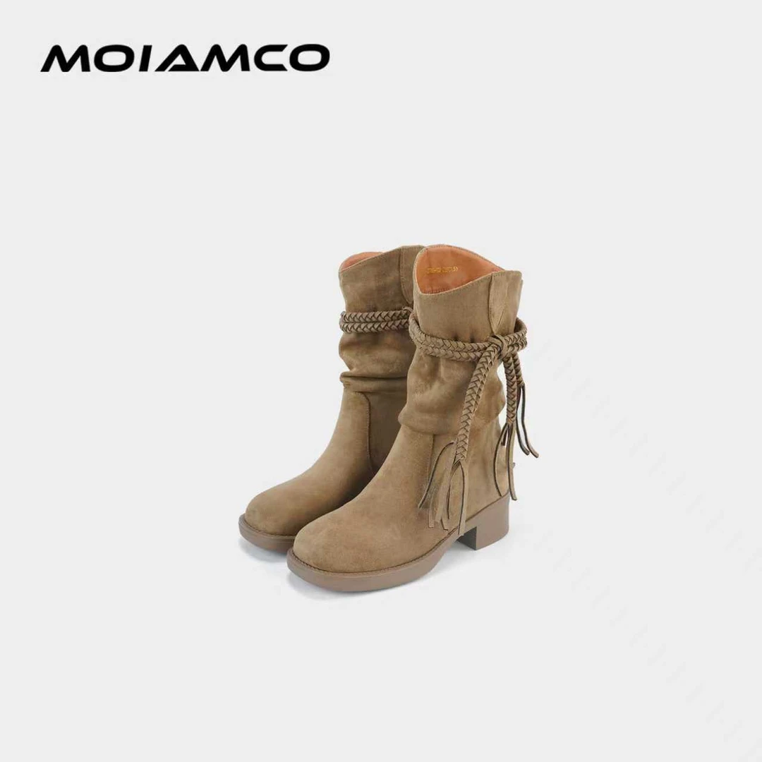 Molamco棕色系流苏短靴女磨砂皮骑士靴