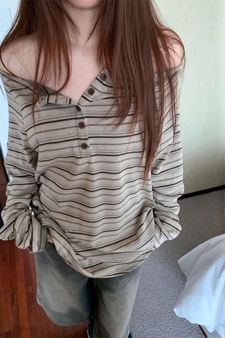 韩版复古条纹露肩长袖女早秋新款设计感休闲T恤宽松显瘦小众上衣