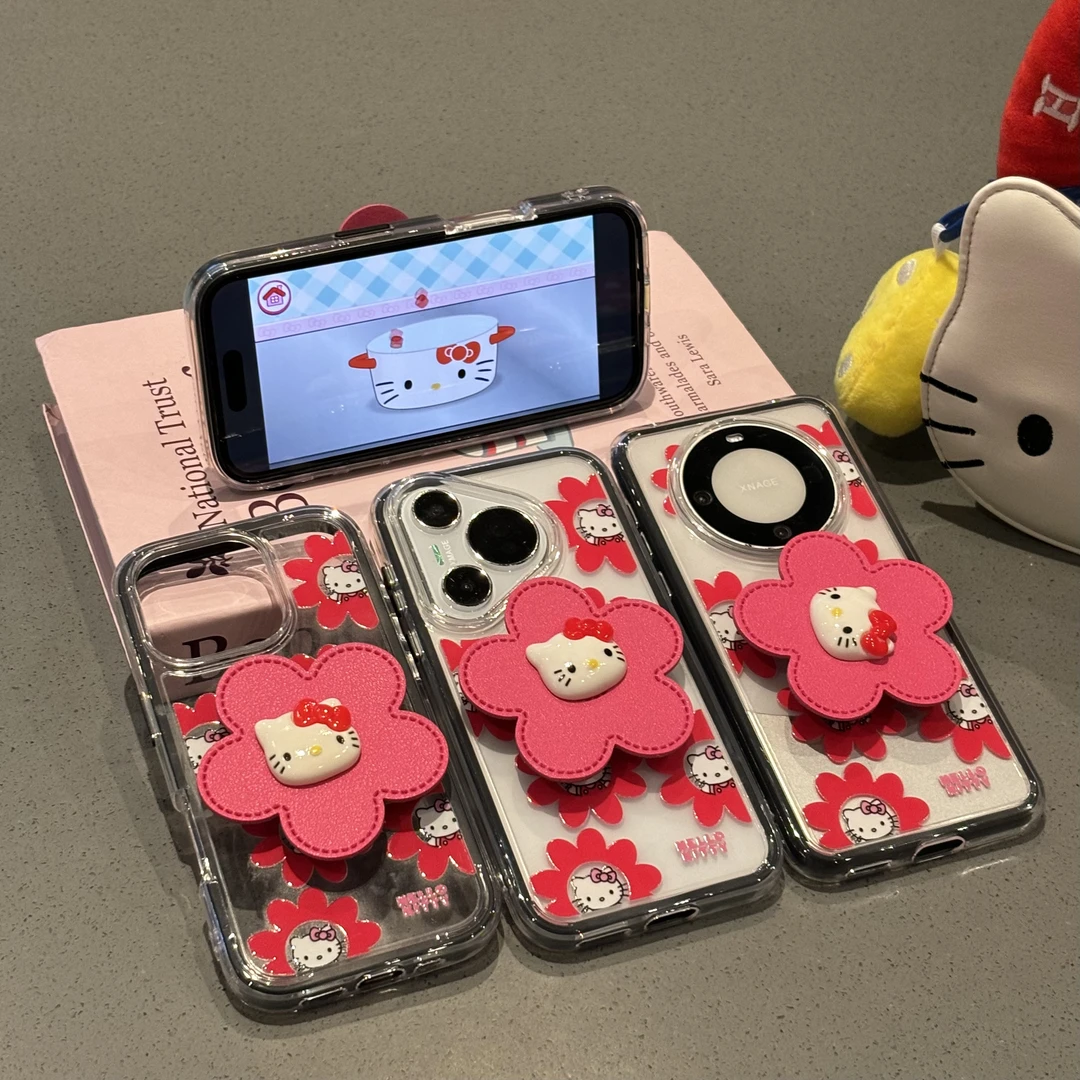 欧克里里满屏花花KT猫支架适用苹果16手机壳华为vivo小米15oppo套