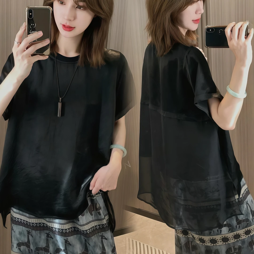 2025夏季新款女士设计感小众网纱拼接黑色短袖t恤高级感醋酸上衣