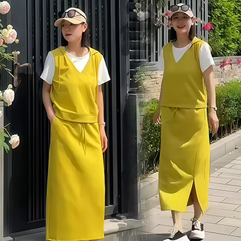 高含棉时尚气质百搭套装女2025年夏季新款连帽短袖半身裙假两件套