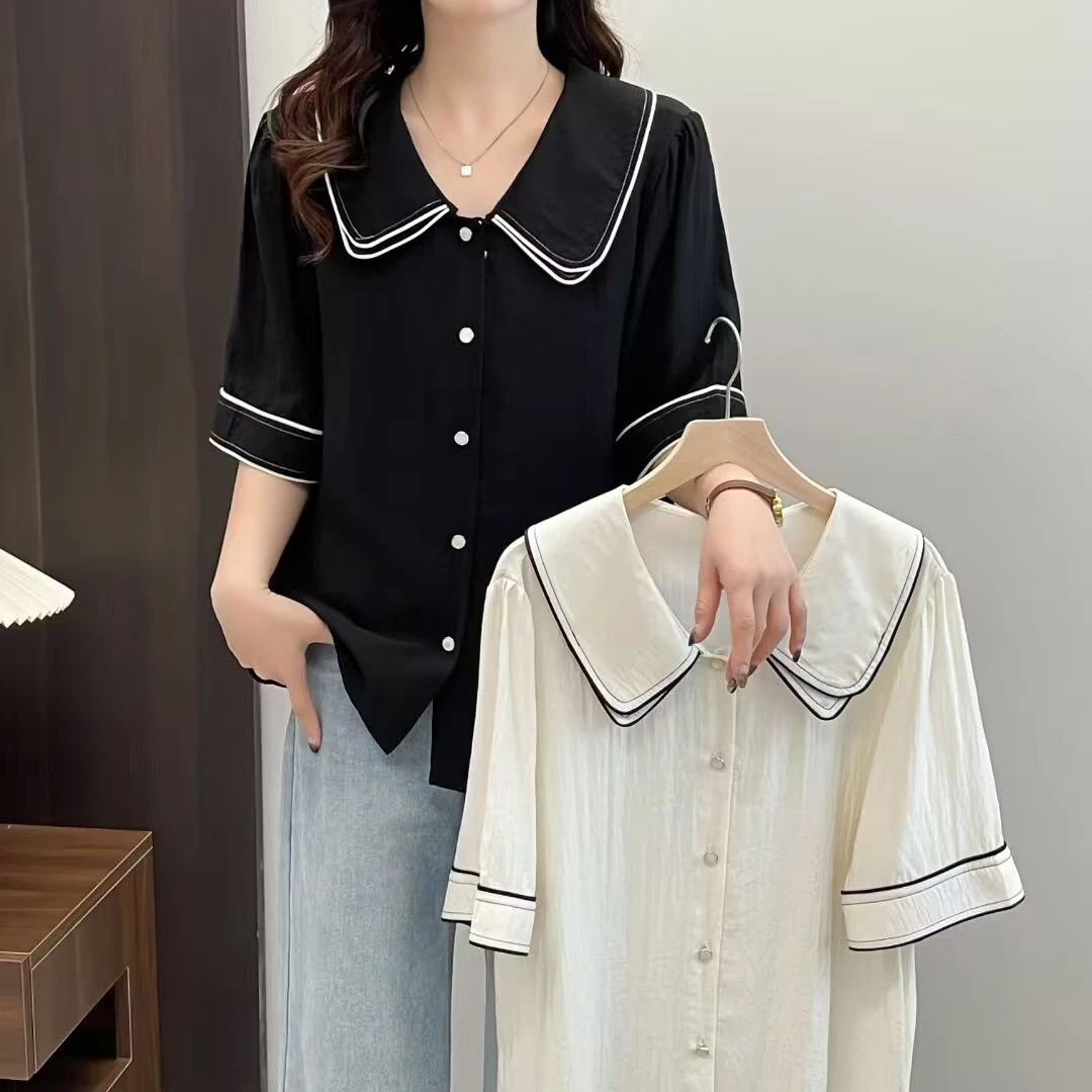 大码胖mm显瘦气质百搭遮肉短袖衬衫夏季新款娃娃上衣