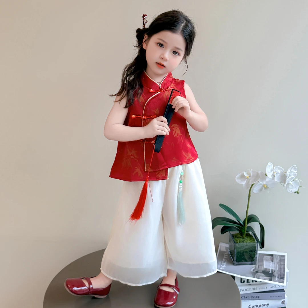 女童夏季汉服套装2025新款儿童旗袍无袖阔腿裤女宝宝新中式两件套