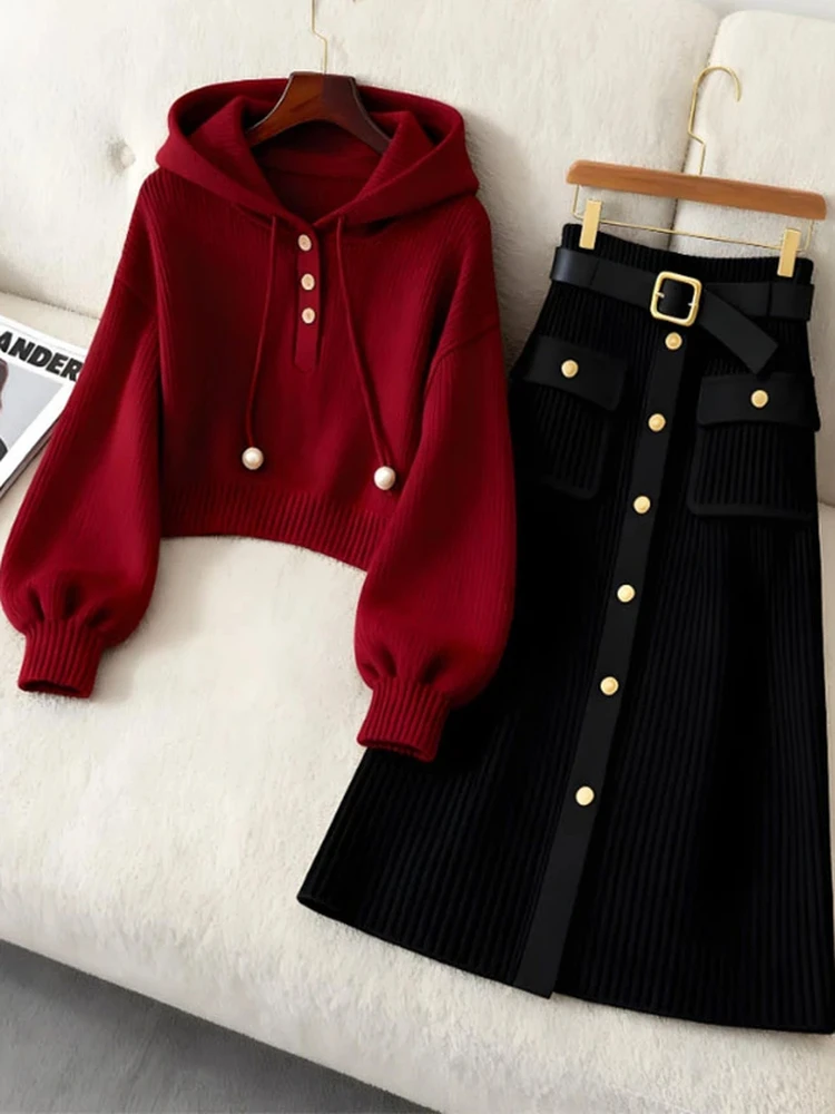 【现货】小众别致红色连帽抽绳纯色卫衣女黑色休闲百搭半身裙两件套