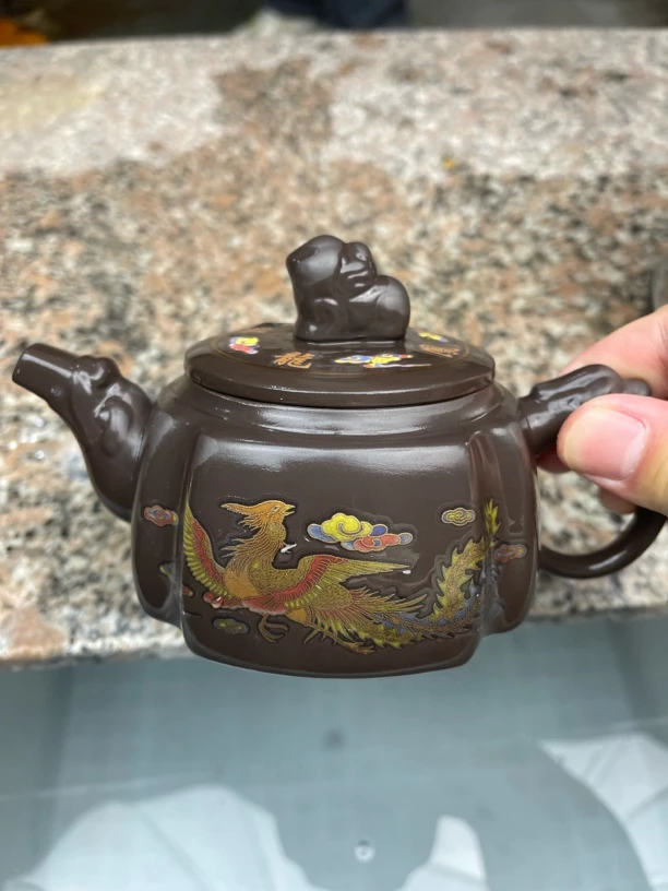 老紫泥龙凤四方壶1