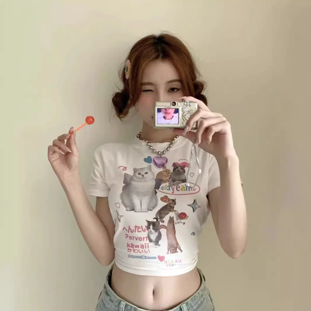 美式复古辣妹短袖T恤女2024夏修身显瘦高腰露脐短款猫咪印花上衣