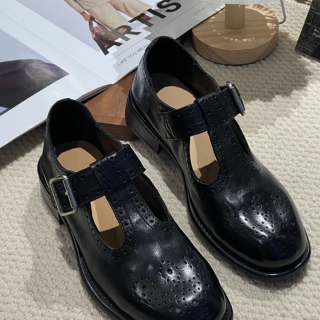 新款2025真皮布洛克雕花英伦风黑色圆头复古舒适百搭玛丽珍鞋