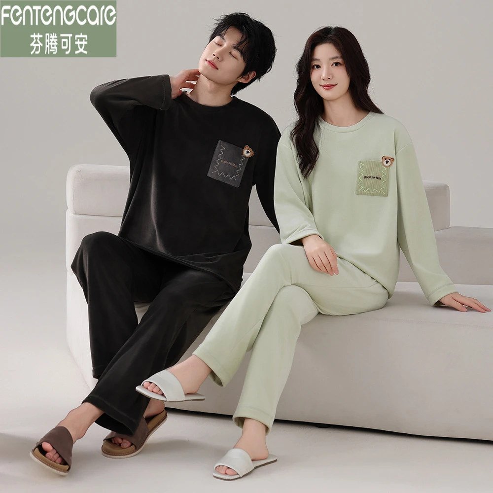 芬腾可安抗静电海岛绒秋冬季情侣睡衣加绒加厚保暖大码男女家居服