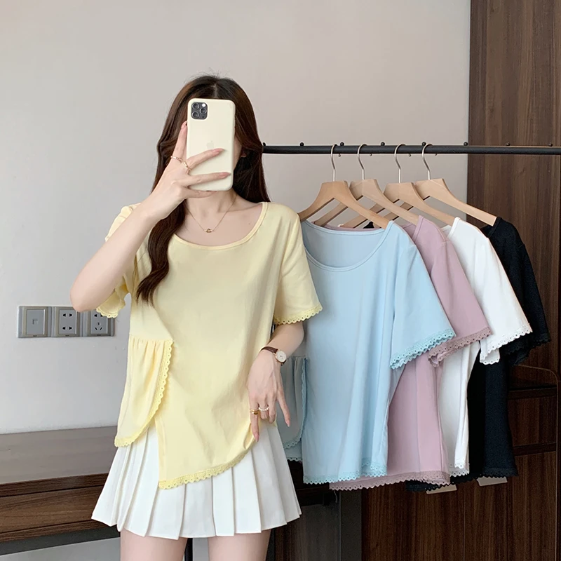 Q夏装新款胖mm大码女时尚减龄镂空花边不规则别致短袖T恤A1405