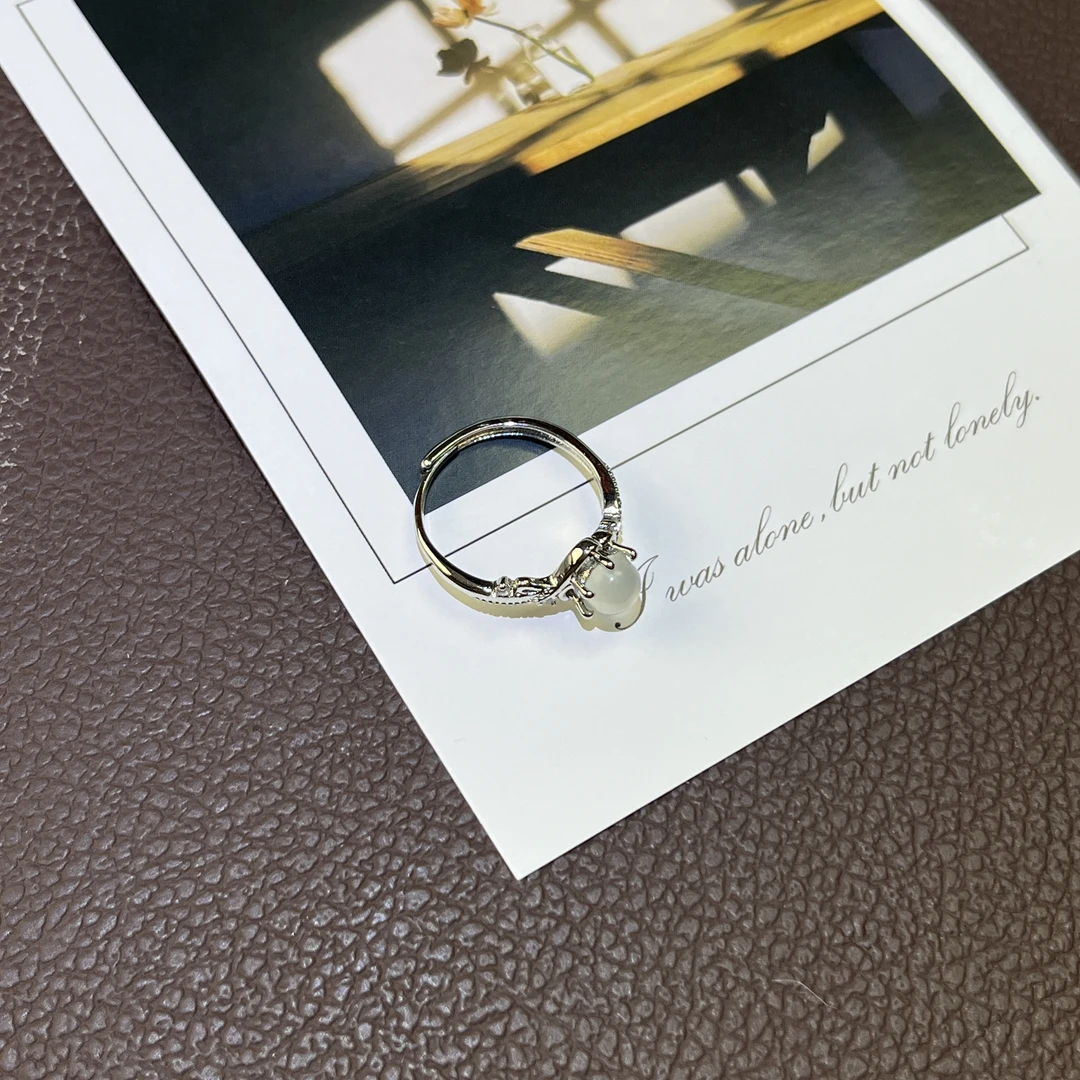 镶嵌岫玉冰透镀银925戒指 可调节送闺蜜绝美简约小众时尚气质