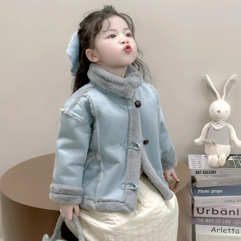女童秋冬季加绒皮毛一体外套2025新款儿童洋气女宝宝加厚冬装上衣
