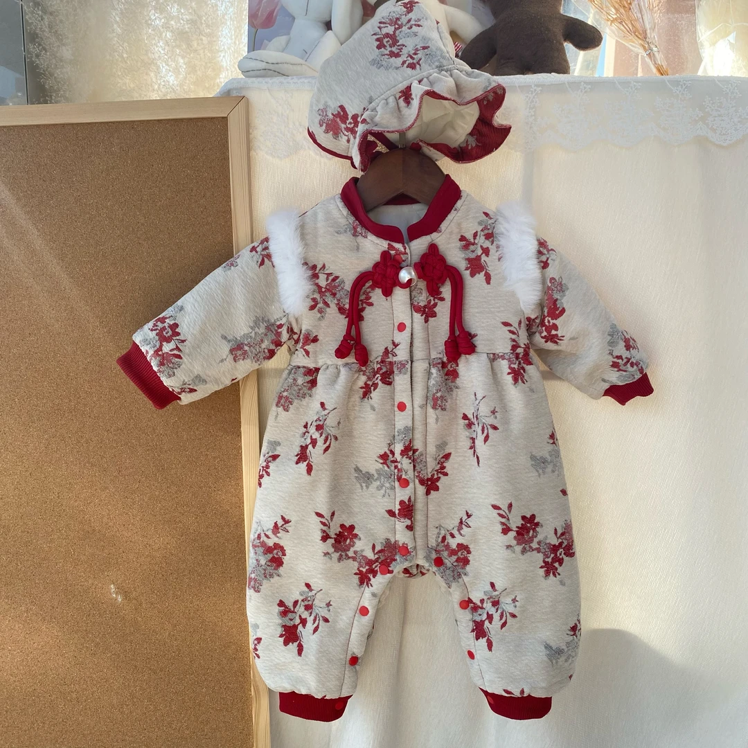 女宝宝过年战袍加绒夹棉100克婴幼儿爬爬服冬季洋气新年服拜年服
