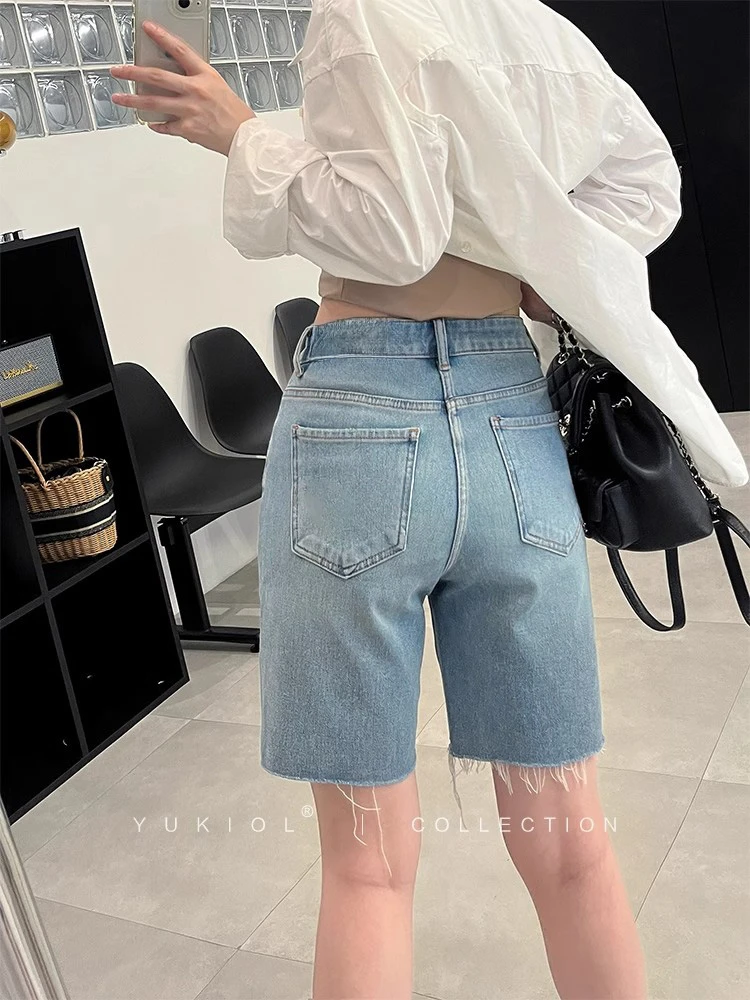 Lazy Mew小懒猫 高腰透气阔腿裤A字牛仔短裤女夏外穿设计感五分裤