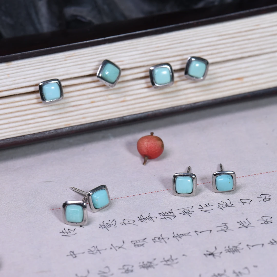 绿松石银镶嵌耳钉设计款（多样性发其一）