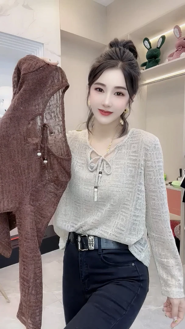 系带薄款针织罩衫女秋设计感小众复古气质高端通勤慵懒风上衣