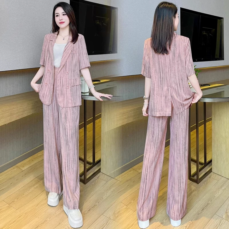 职业西装套装女夏装时尚气质扎染凉感薄款西服阔腿裤两件套夏季