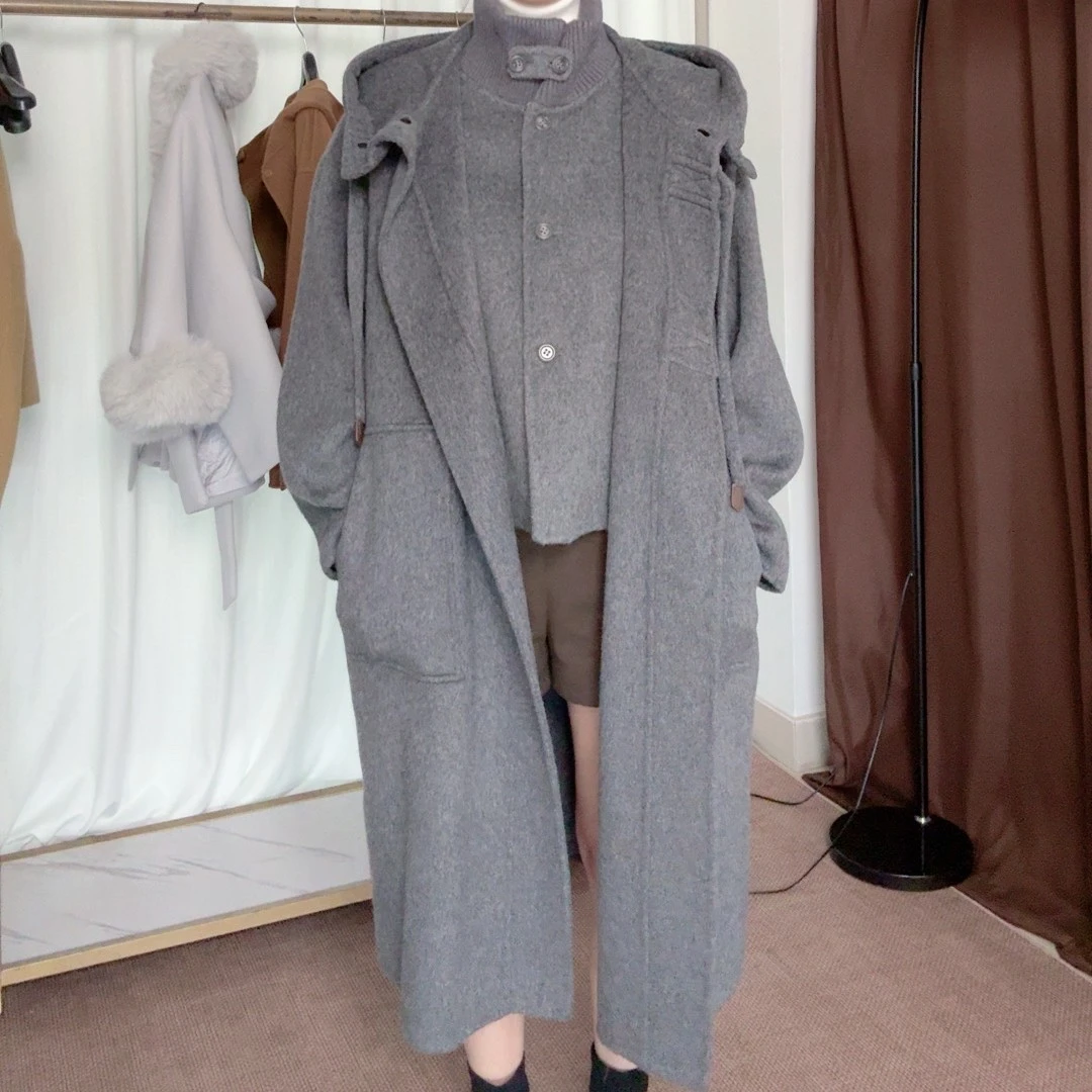秋冬混纺双色羊毛外套+马甲中长款轻奢套装