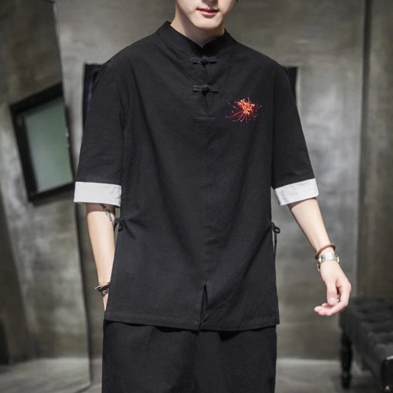 25B8C1中国风大码男装夏季新款盘扣刺绣唐装短袖复古棉麻汉服体恤