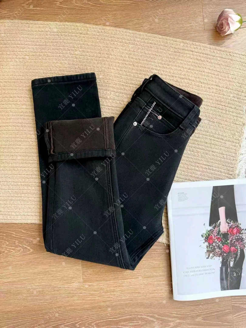 宜鹿秋冬加绒加厚牛仔法棍裤女【霓虹黑】2025年新款直筒黑色烟管裤