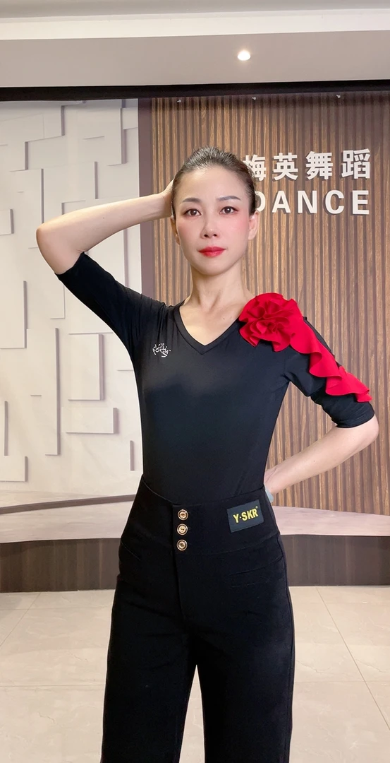 华丝格新款V领山茶花连体小衫舞蹈服洋气时尚百搭