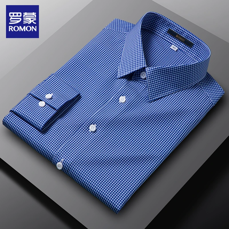 罗蒙高端男士格子长袖衬衫2025新款爆款休闲衬衣抗皱免烫弹力寸衫