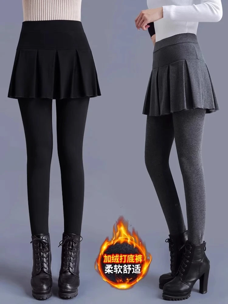 加绒加厚假两件打底裤女外穿春季紧身百褶裙裤高腰一体保暖